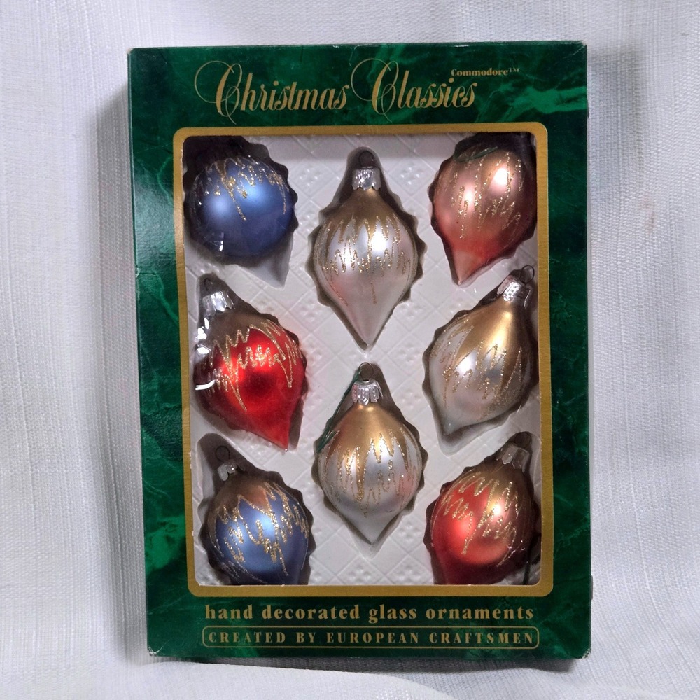 Commodore Christmas Classics 8pc Hand Decorated Glass Ornaments European Vintage